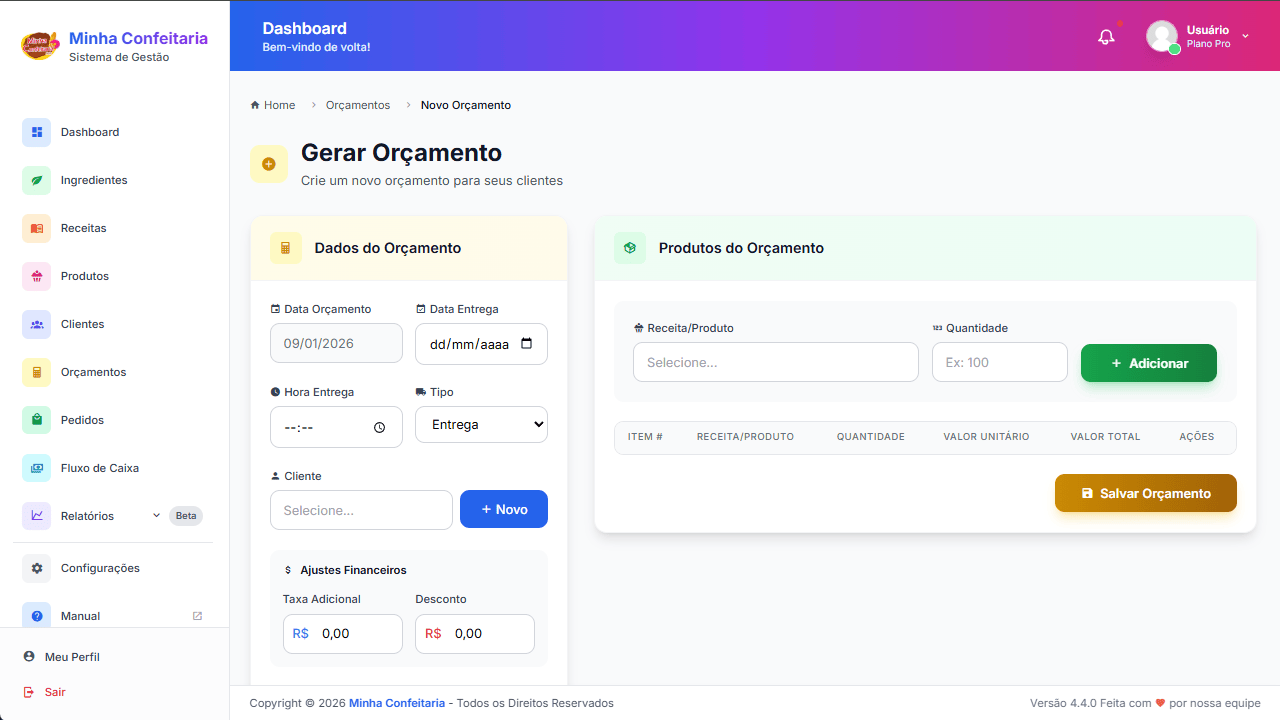 Tela de Orçamento